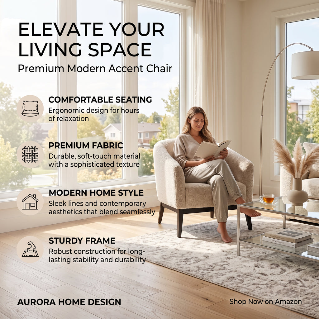 Modern Accent Chair – Comfortable Upholstered Armchair with Soft Fabric Cushion and Solid Wood Legs