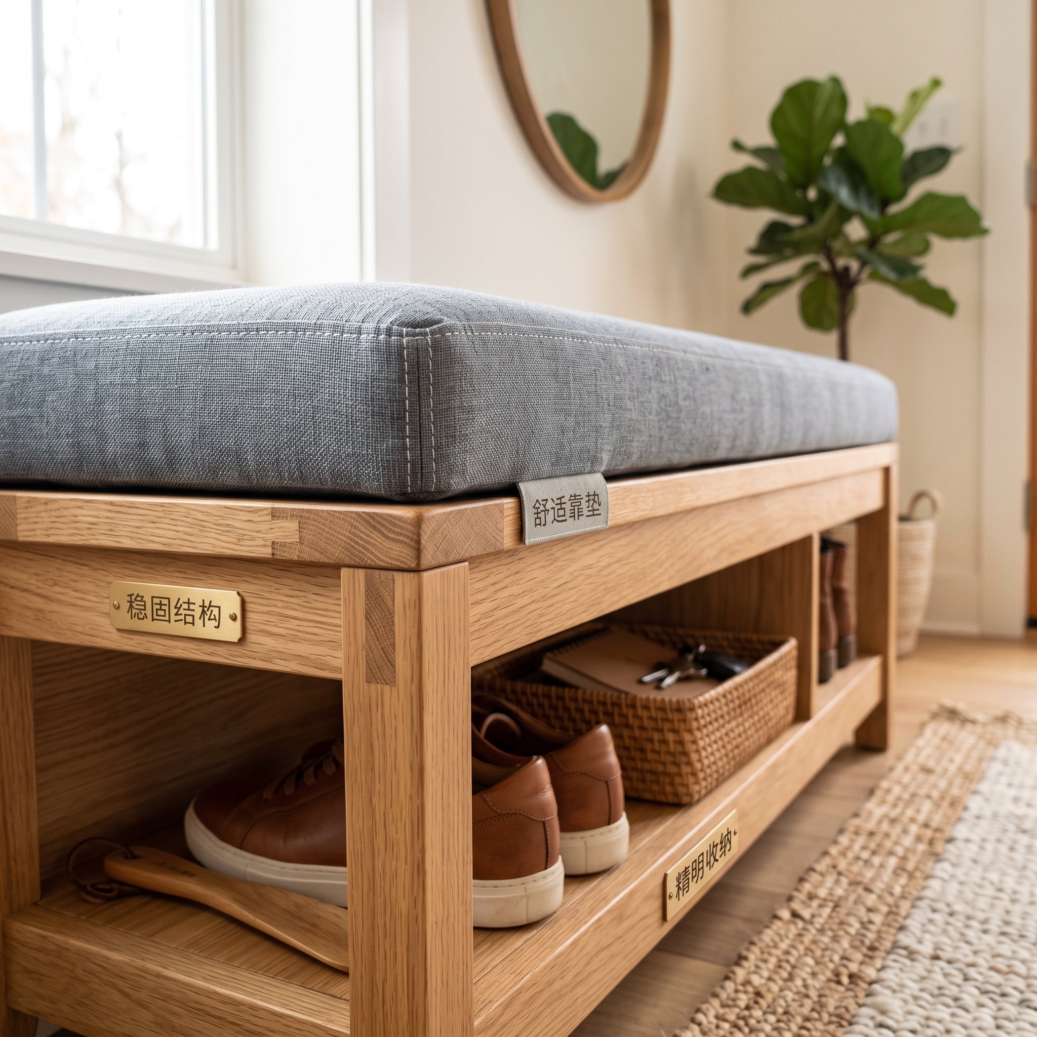 Entryway Bench with Storage – Modern Farmhouse Shoe Bench with Comfortable Cushion Seat